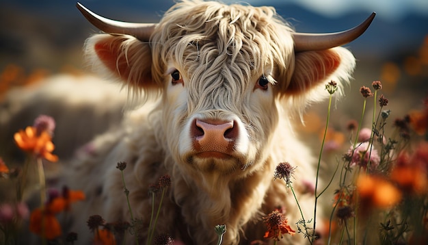 Foto gratuita linda vaca pastando en un prado verde disfrutando de la belleza natural generada por la inteligencia artificial