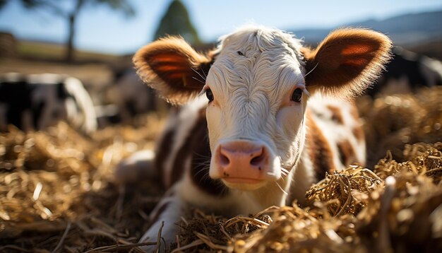 Foto gratuita una linda vaca pastando en un prado verde mirando a una cámara generada por inteligencia artificial