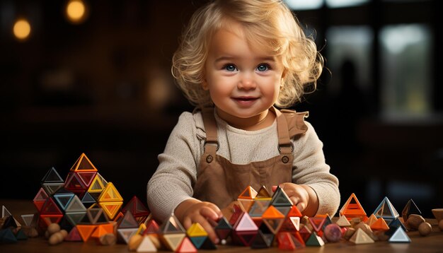 Un lindo y alegre niño jugando con bloques de juguete en el interior generados por inteligencia artificial