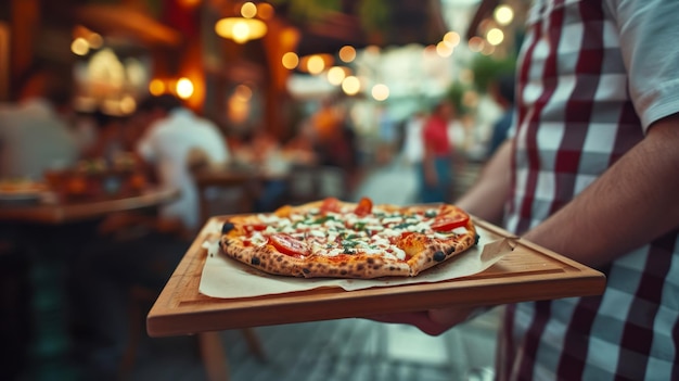 Foto gratuita un lindo y antiguo café en una calle del vecindario, un camarero lleva pizza en una bandeja de madera a los clientes