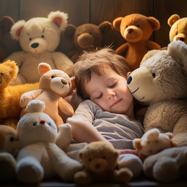 Lindo bebé durmiendo con juguetes