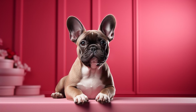 Foto gratuita un lindo cachorro de bulldog francés sentado mirando una cámara en el interior generada por inteligencia artificial