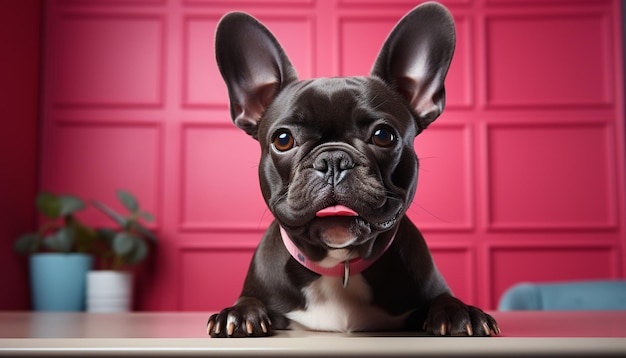 Foto gratuita un lindo cachorro de bulldog francés sentado mirando una cámara en el interior generada por inteligencia artificial