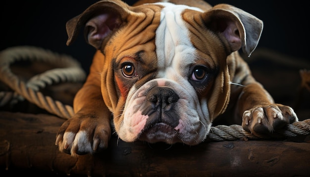 Foto gratuita lindo cachorro de bulldog sentado mirando triste en el interior de cerca generado por inteligencia artificial