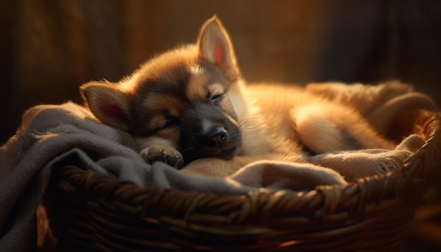 Foto gratuita lindo cachorro durmiendo al aire libre, esponjoso y cómodo en la naturaleza generado por inteligencia artificial