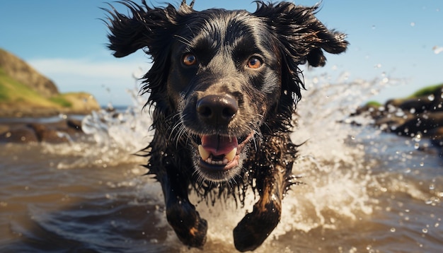 Un lindo cachorro jugando en el agua disfrutando de la diversión de verano generada por la inteligencia artificial