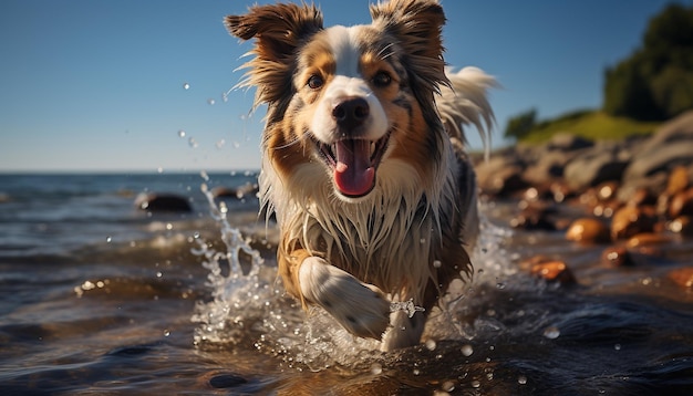 Foto gratuita un lindo cachorro jugando en el agua un pastor australiano de pura raza saltando generado por inteligencia artificial