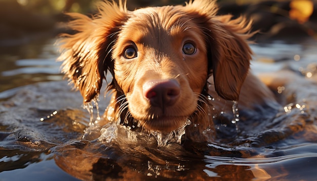 Foto gratuita lindo cachorro jugando en agua pelaje mojado alegre y juguetón generado por inteligencia artificial