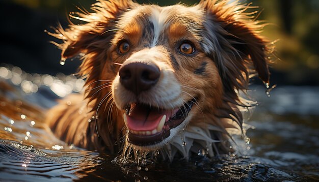 Foto gratuita lindo cachorro jugando en el agua, perro de raza pura divirtiéndose generado por inteligencia artificial