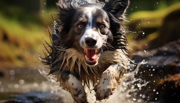 Foto gratuita lindo cachorro jugando en la hierba mojada pura alegría y lealtad generada por la inteligencia artificial