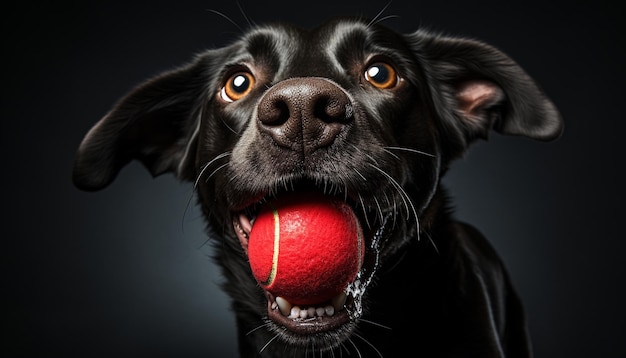 Foto gratuita lindo cachorro jugando con una pelota de juguete mirando la cámara generada por inteligencia artificial