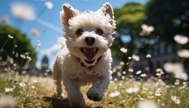 Lindo cachorro jugando sobre hierba verde disfrutando de un día soleado generado por inteligencia artificial