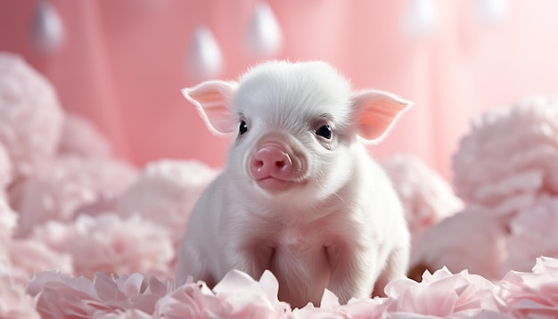 Foto gratuita un lindo cachorro mirando a la cámara rodeado de flores rosadas generadas por inteligencia artificial