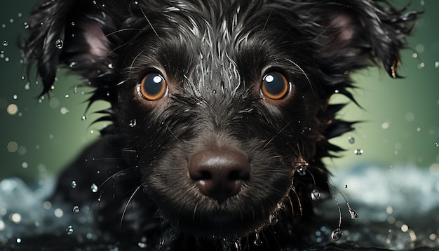 Foto gratuita lindo cachorro mojado pequeño terrier mirando la cámara juguetona en interiores generada por inteligencia artificial