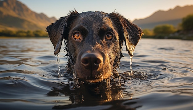 Lindo cachorro nadando en la naturaleza reflejando la belleza pura raza generada por inteligencia artificial