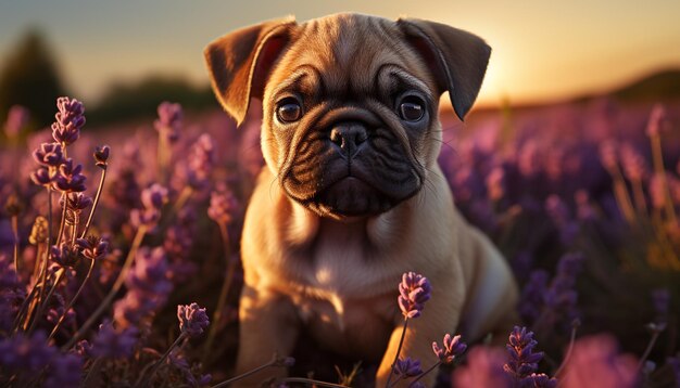 Lindo cachorro pequeño sentado en el césped mirando la puesta de sol generada por inteligencia artificial