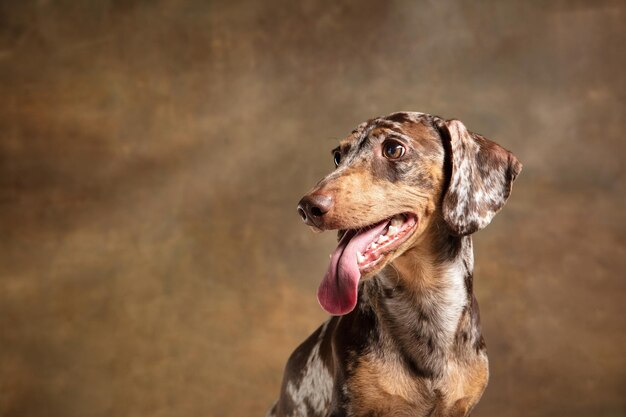 Lindo cachorro de perro Teckel posando aislado sobre fondo marrón