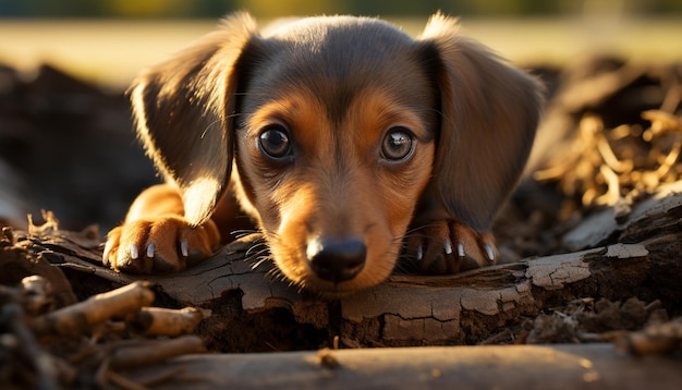 Lindo cachorro sentado al aire libre jugando en el césped generado por inteligencia artificial