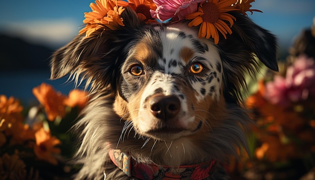 Foto gratuita un lindo cachorro sentado al aire libre mirando una flor en un prado de otoño generado por inteligencia artificial