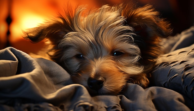 Foto gratuita un lindo cachorro sentado en la cama mirando a la cámara generada juguetón por la inteligencia artificial