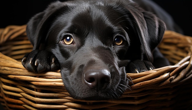 Foto gratuita lindo cachorro sentado en una canasta mirando la cámara generada por inteligencia artificial