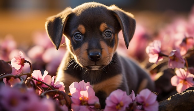 Foto gratuita lindo cachorro sentado en la hierba mirando la cámara disfrutando de la naturaleza generada por la inteligencia artificial