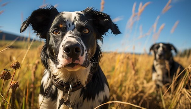 Un lindo cachorro sentado en la hierba mirando la cámara generada por inteligencia artificial