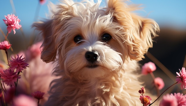 Foto gratuita lindo cachorro sentado en la hierba mirando la cámara generada por inteligencia artificial