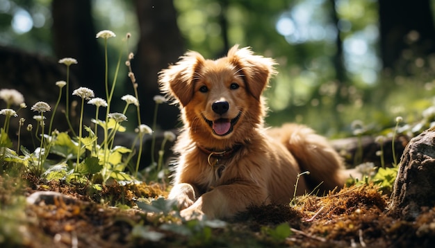 Un lindo cachorro sentado en la hierba mirando la cámara generada por inteligencia artificial