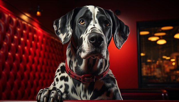 Foto gratuita un lindo cachorro sentado en el interior mirando a la cámara con obediencia generada por la inteligencia artificial