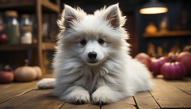 Foto gratuita un lindo cachorro sentado en la mesa mirando una cámara en el interior generada por inteligencia artificial