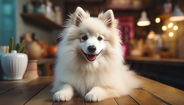 Foto gratuita un lindo cachorro sentado en la mesa mirando a la cámara jugoso generado por la inteligencia artificial