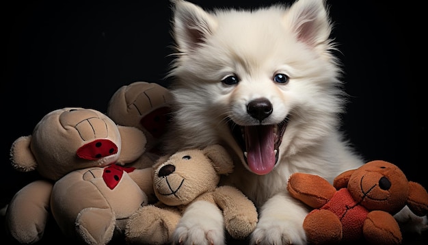 Lindo cachorro sentado mirando a la cámara pelaje esponjoso juguetón generado por inteligencia artificial