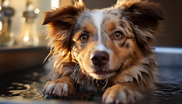 Foto gratuita un lindo cachorro sentado mirando una cámara de pelaje húmedo generado por inteligencia artificial