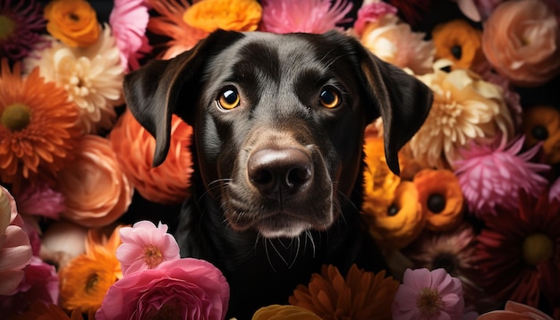 Foto gratuita lindo cachorro sentado mirando a la cámara rodeado de flores generadas por inteligencia artificial