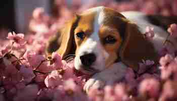 Foto gratuita lindo cachorro sentado oliendo flores disfrutando de la belleza natural generada por inteligencia artificial