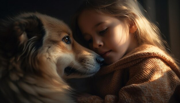 Lindo cachorro sonriendo abrazado por una joven generada por IA