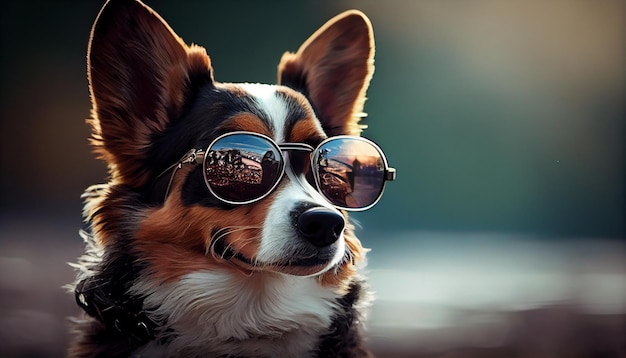 Lindo cachorro terrier en gafas de sol posando al aire libre IA generativa