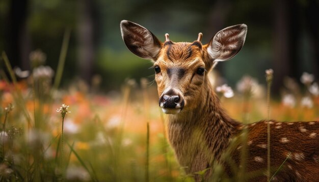 Lindo cervatillo pastando en un prado verde generado por IA