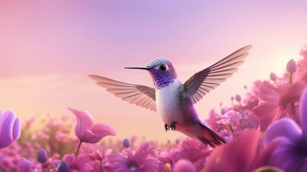 Lindo colibrí de dibujos animados en la naturaleza