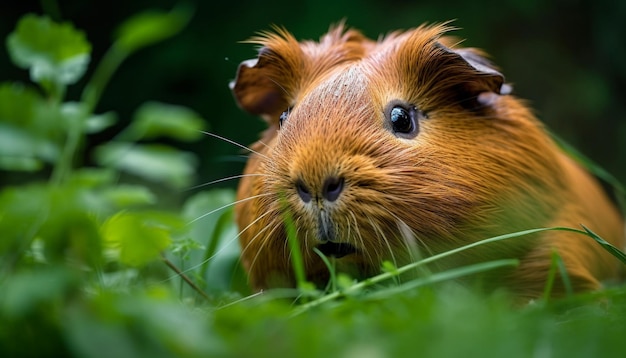 Lindo conejillo de indias comiendo hierba verde al aire libre generado por IA