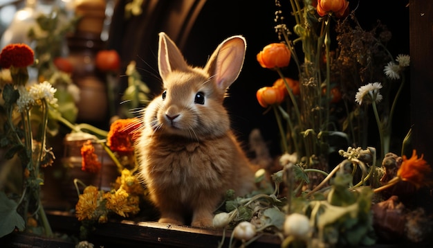 Foto gratuita un lindo conejo bebé sentado en la hierba rodeado de flores generadas por la inteligencia artificial