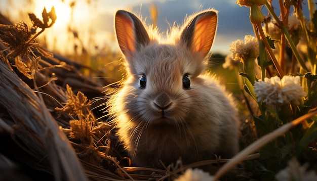 Lindo conejo sentado en la hierba disfrutando de la belleza natural generada por la inteligencia artificial