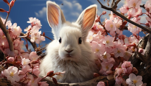 Foto gratuita lindo conejo sentado en la hierba rodeado de flores rosadas generadas por inteligencia artificial