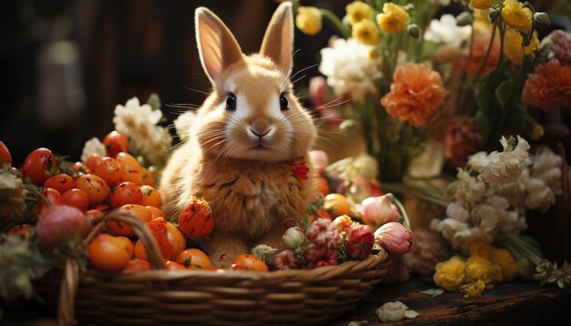 Un lindo conejo se sienta en una canasta de mimbre rodeado de naturaleza generada por inteligencia artificial