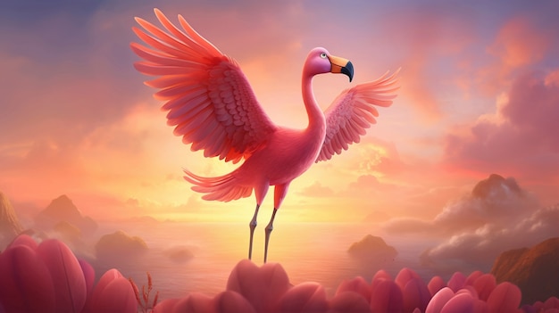 Lindo flamenco de dibujos animados en la naturaleza
