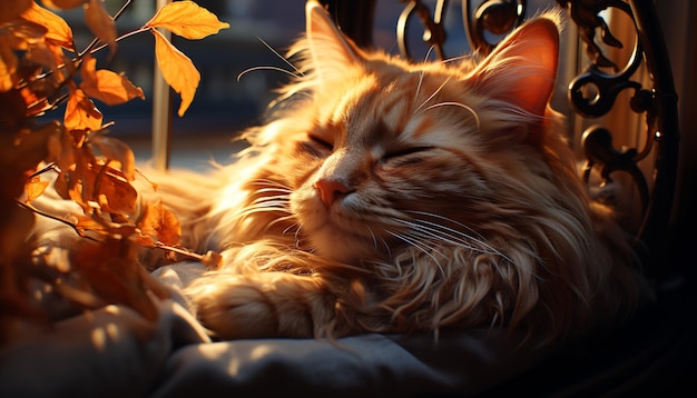 Lindo gatito descansando sobre el césped disfrutando de la luz del sol otoñal generada por la inteligencia artificial