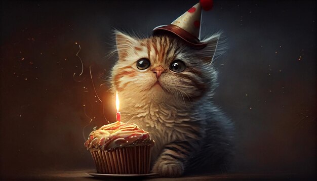 Lindo gatito disfruta de la celebración de cumpleaños con IA generativa de llama de vela
