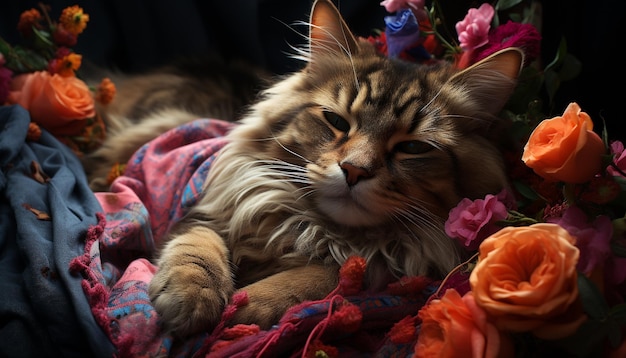 Lindo gatito durmiendo esponjoso y pequeño en el interior rodeado de naturaleza generada por inteligencia artificial