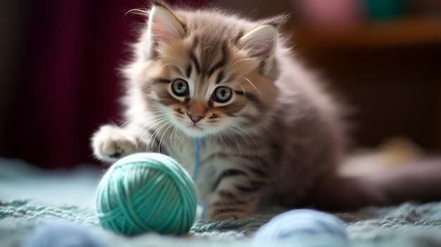 Foto gratuita lindo gatito con hilo de crochet en el interior